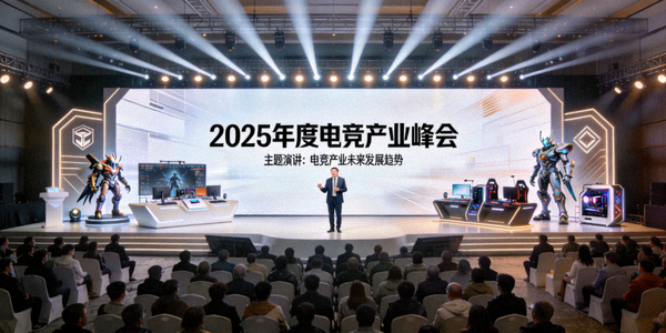 2025年度电竞产业峰会主会场全景，舞台上嘉宾正在发表主题演讲